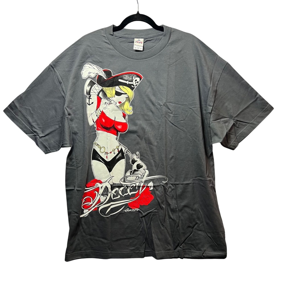 Y2K Pirate Girl‎ Graphic T-Shirt Gray "Deceit" 2XL  Tattoo Streetwear Alt Vibes